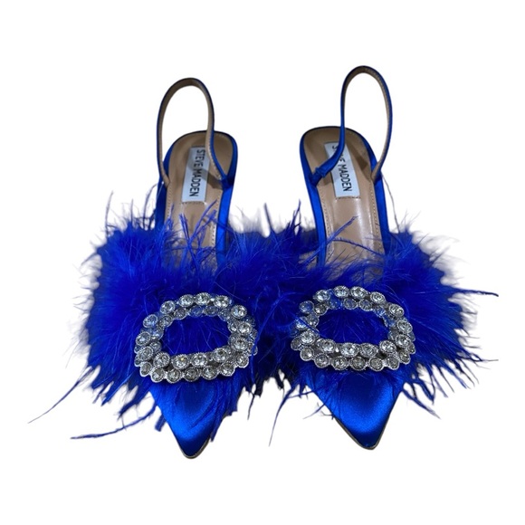 STEVE MADDEN / ALEXIS SLINGBACK / SATIN + FEATHER / BLUE / SZ 6.5 / NWOT - Picture 2 of 3